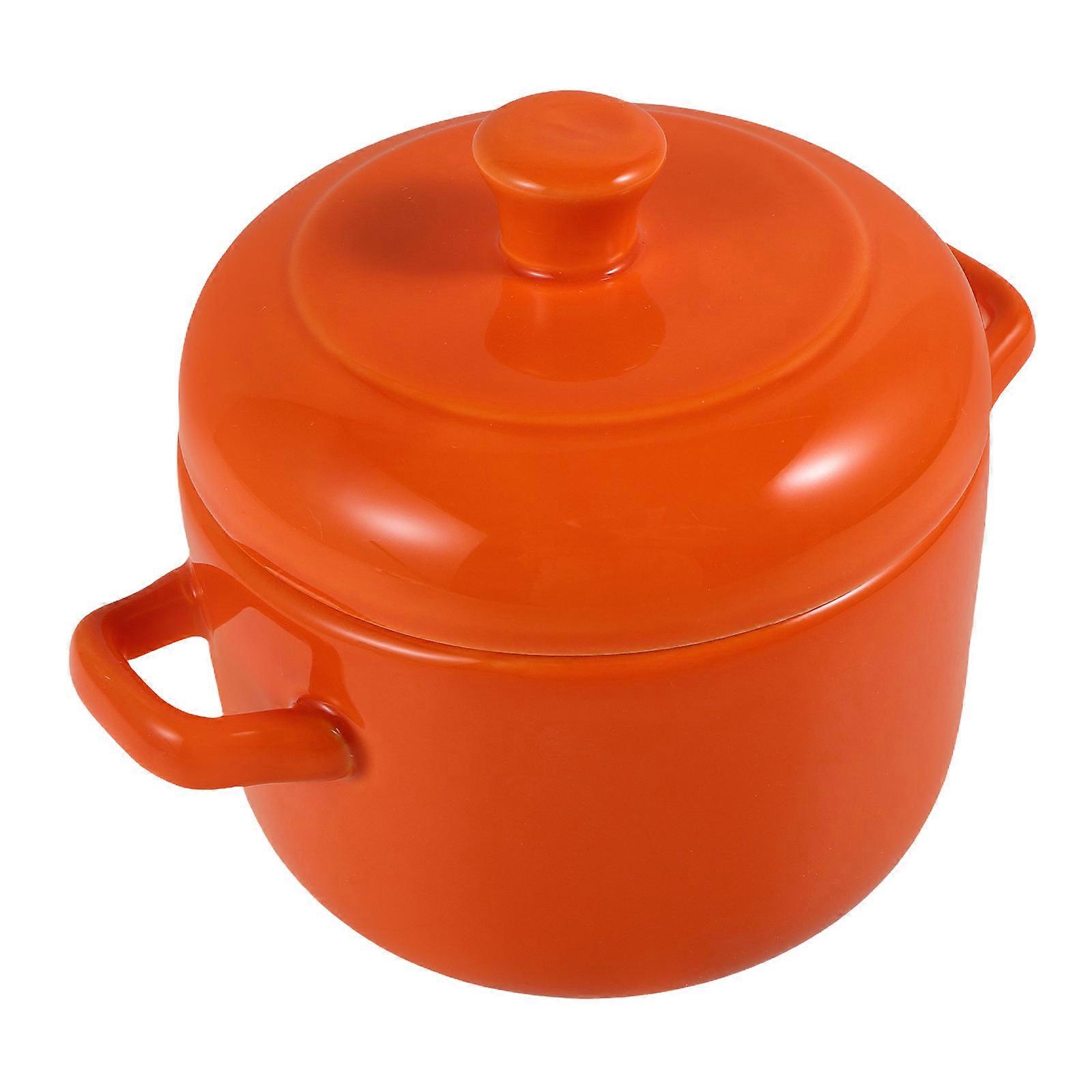 Ceramic Stew Pot with Lid for Steaming Cooking Single Serve in Orange