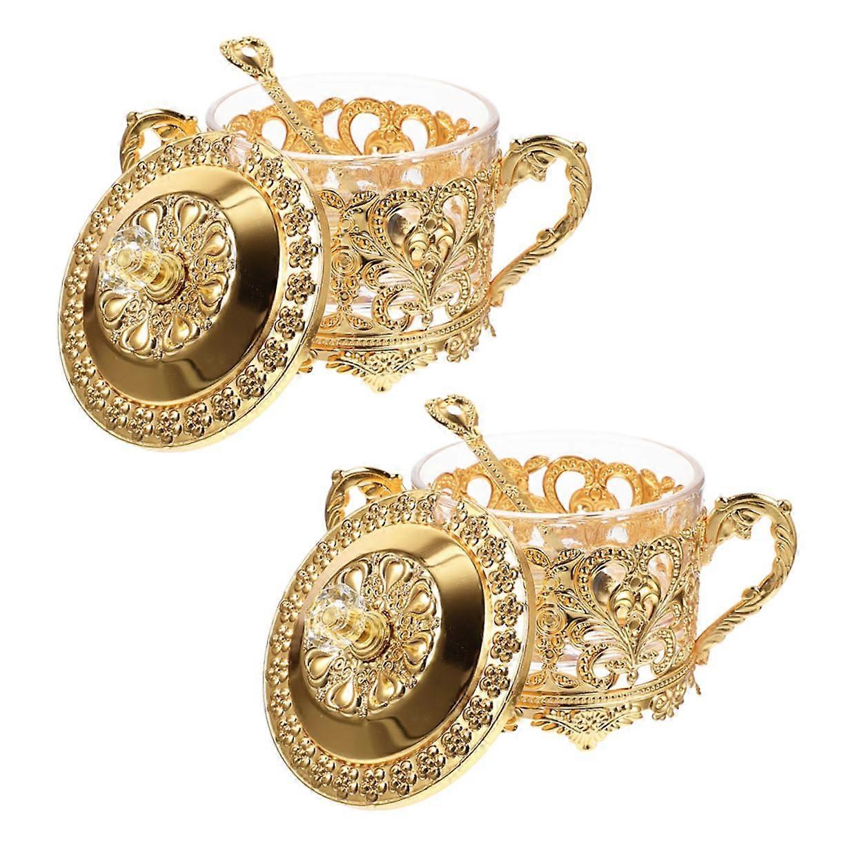 2pcs Iron and Glass Spice Jar with Spoon, Kitchen Condiment Container with Lid for Salt and Sugar