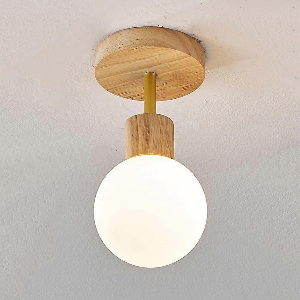 Modern Nordic Glass Flush Mount Ceiling Light with Wood Base, Dimmable Soft Illumination E27