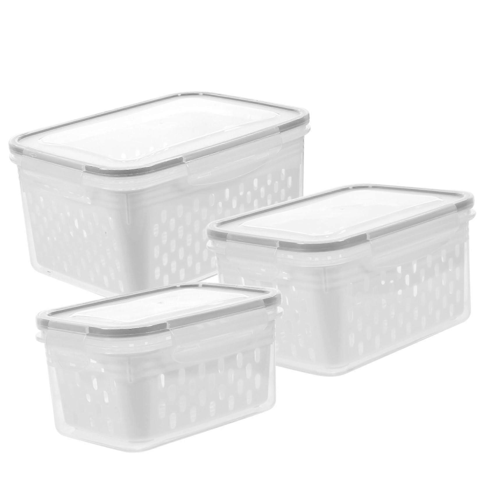 3pcs Airtight Fridge Storage Containers with Builtin Drain Strainer, Stackable Fruit and Vegetable Bins