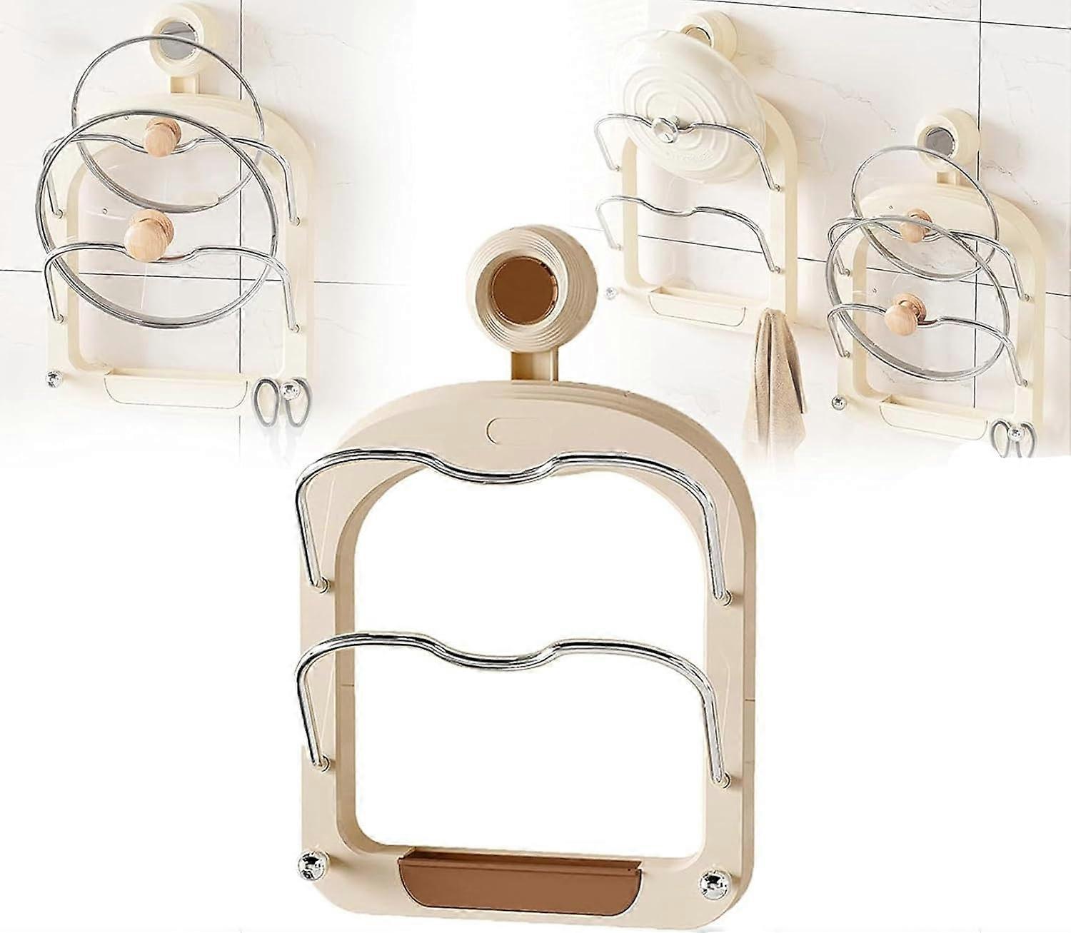 Pot Lid Holder Wall Mounted with Suction Cups, 2Tier Drill SpaceSaving Kitchen Organizer