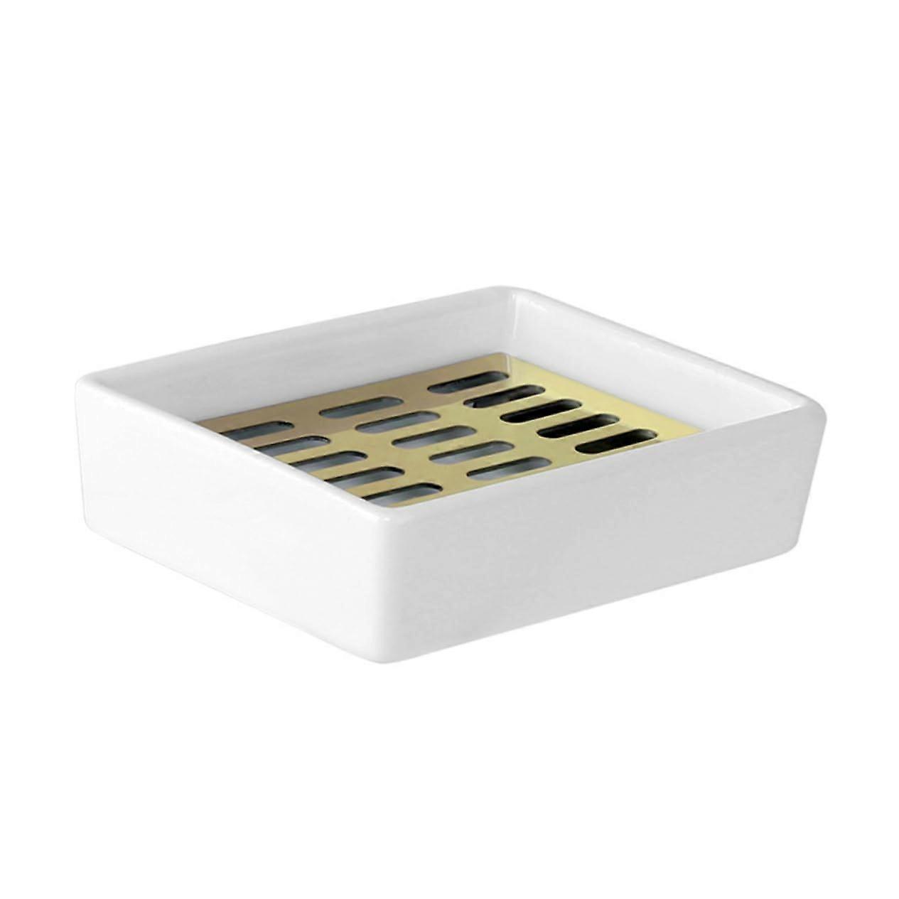 Ceramic Soap Dish with Drain Tray, Double Layer Gold Plated Holder with Removable Stainless Liner
