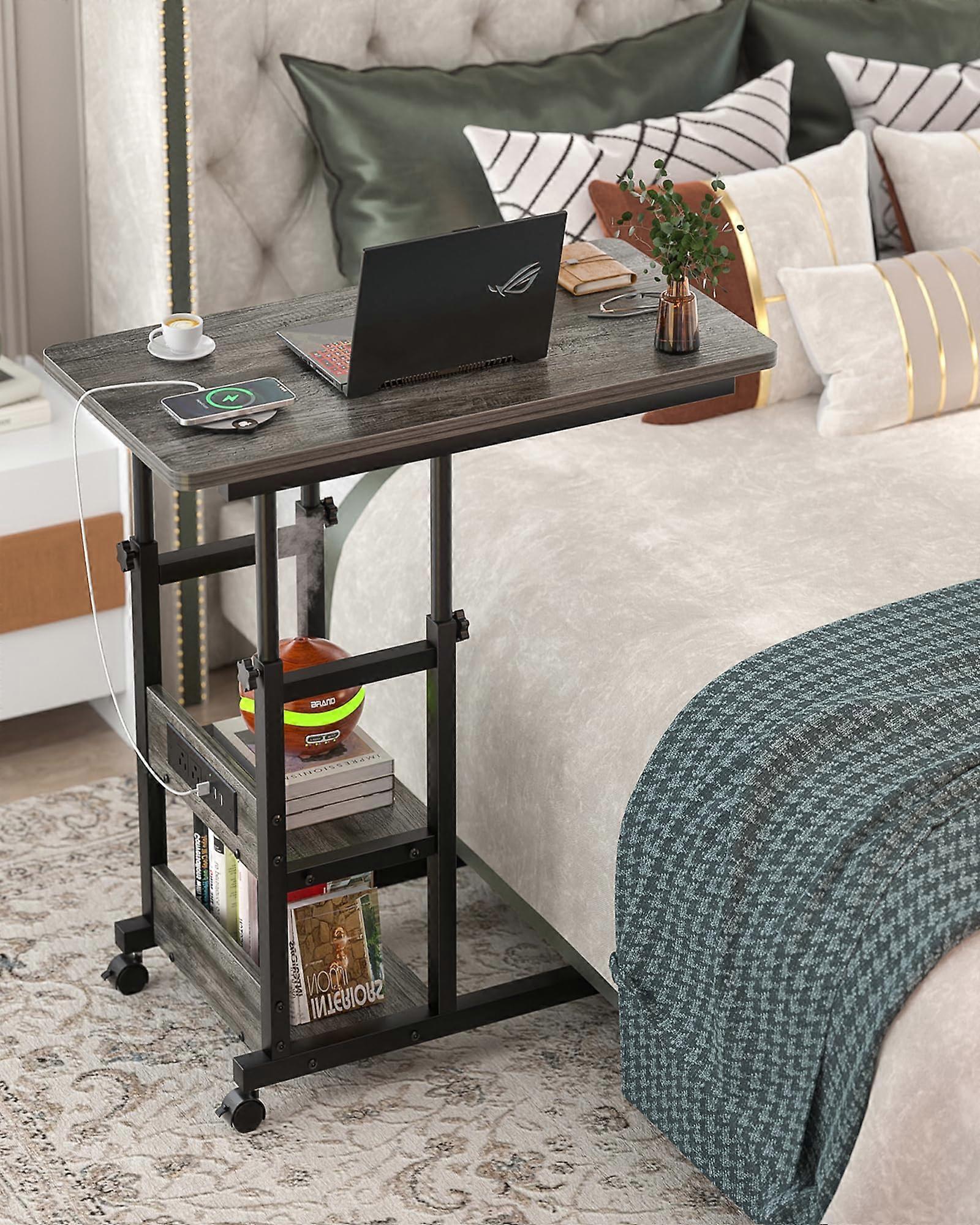 Height Adjustable C Shaped Side Table with Charging Station, Wheels and Storage Shelves, Grey Oak