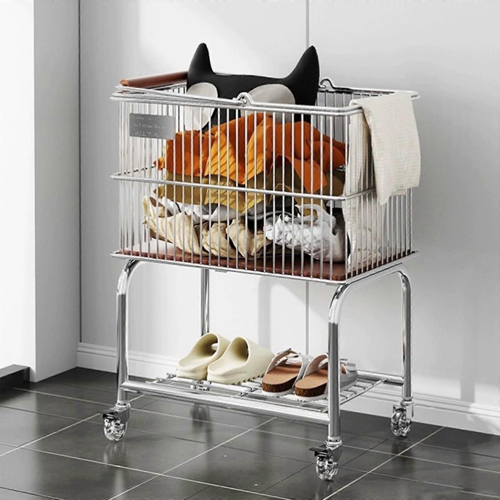 Rolling Laundry Basket with Wheels, Metal Wire Hamper, DoubleLayer Storage for Bathroom Bedroom