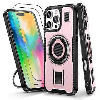 iPhone 16 Pro Max Case + 2 Screen Protectors, Heavy Duty Shockproof, Anti-Fingerprint, 360° Rotatable Ring Stand, Pink