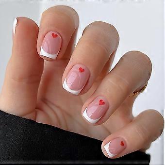 Valentine Press On Nails Set Red Heart Short Square Nude French Tip False Nails for Women