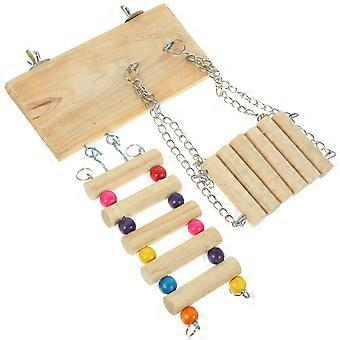 Beige Bird Perch Wooden Platform for Parrot Exercise with Swing Ladder 1Set