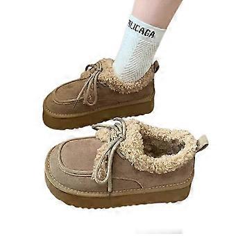 Botines de invierno vintage para mujer con cordones, forro de felpa y cuello de pelo, zapatos de plataforma cálidos para uso diario informal.