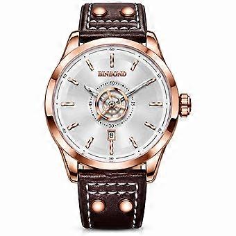 Men's Ultra-Thin Quartz Watch BINBOND Waterproof Luminous Brown Leather Strap Rose Gold White Dial Rose Gold Rivets B7370 JY