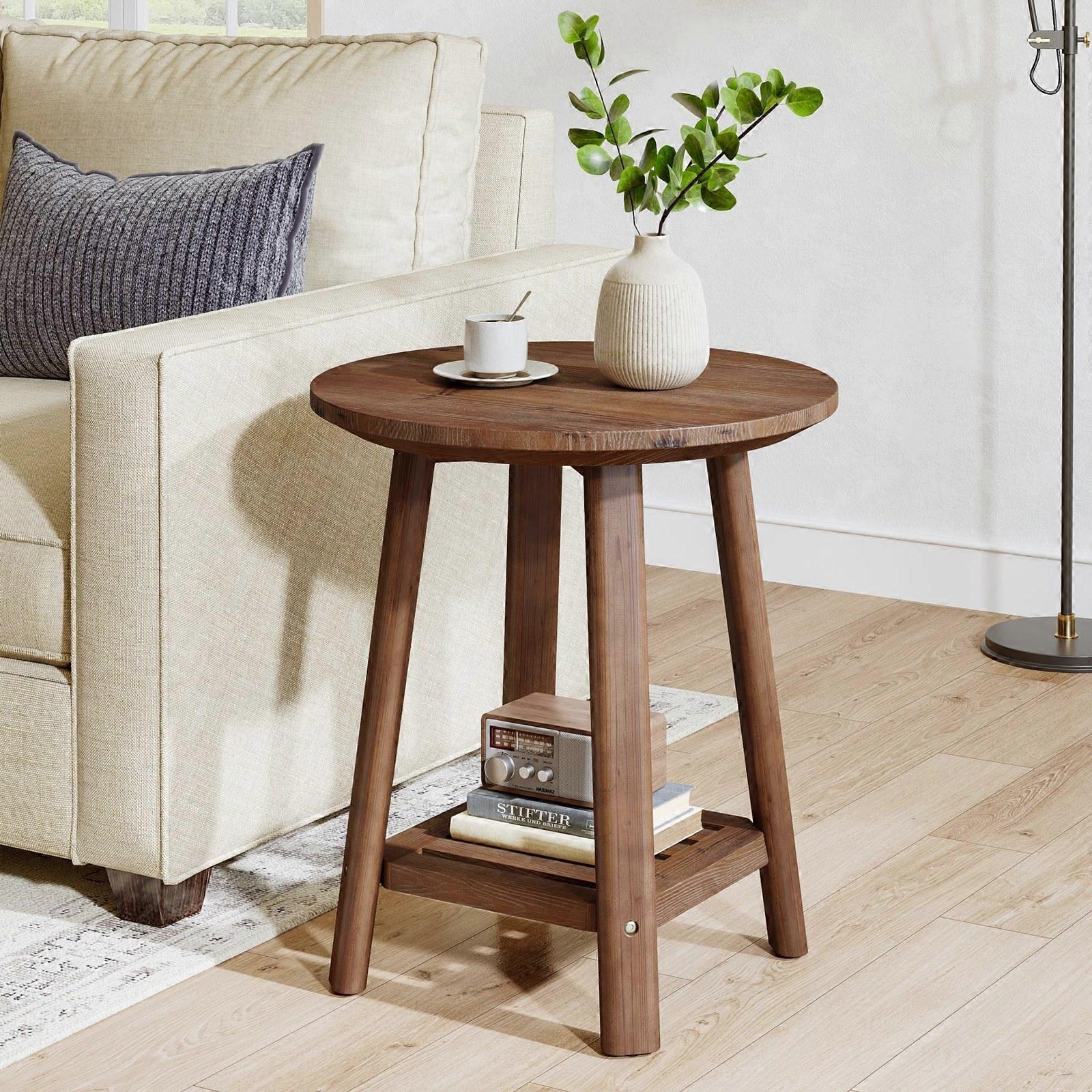 Szyszkadesign Small round solid wood side table, 2-tier bedside table with shelf