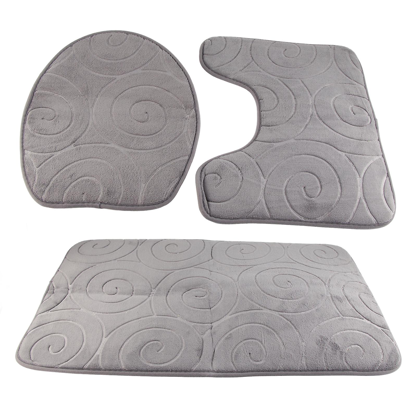 3 PCS Bath Carpets Set Stone Embossed Toilet Lid Cover Floor Mats Bathtub Side Absorbent Carpets Grey