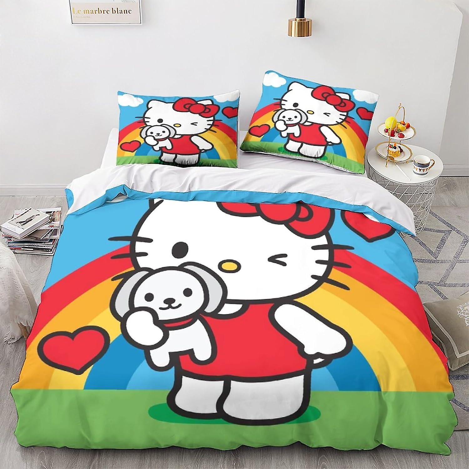HOUKIG Hello Kitty Bedding Set Double Size 3 Piece Anime Characters Duvet Cover Set with Zipper Closure,Ties 3D Printed Pattern Bed Set with Zipper Cl