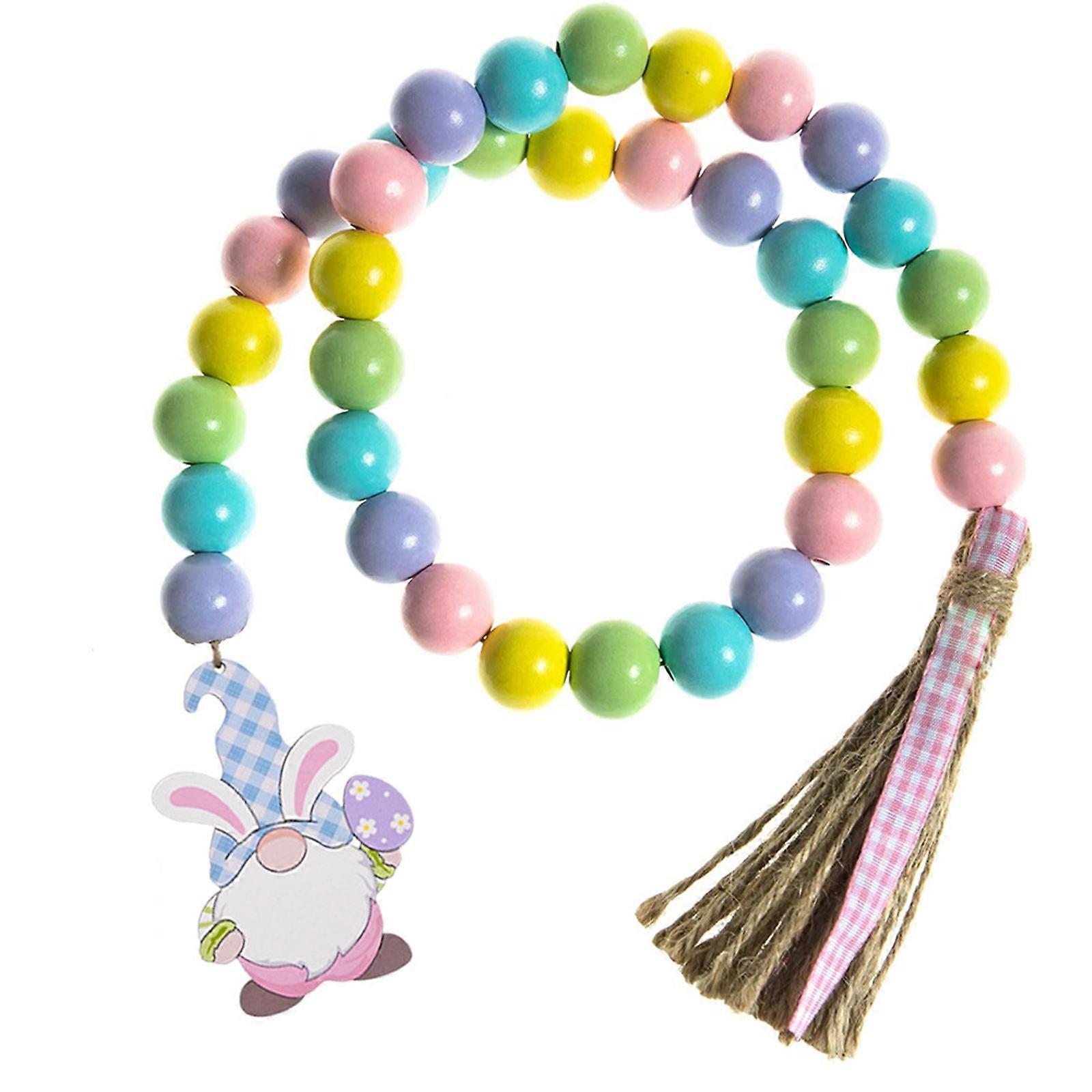Easter Wood Bead Garland with String Tassels Gnome Tag Pendant Farmhouse Rustic