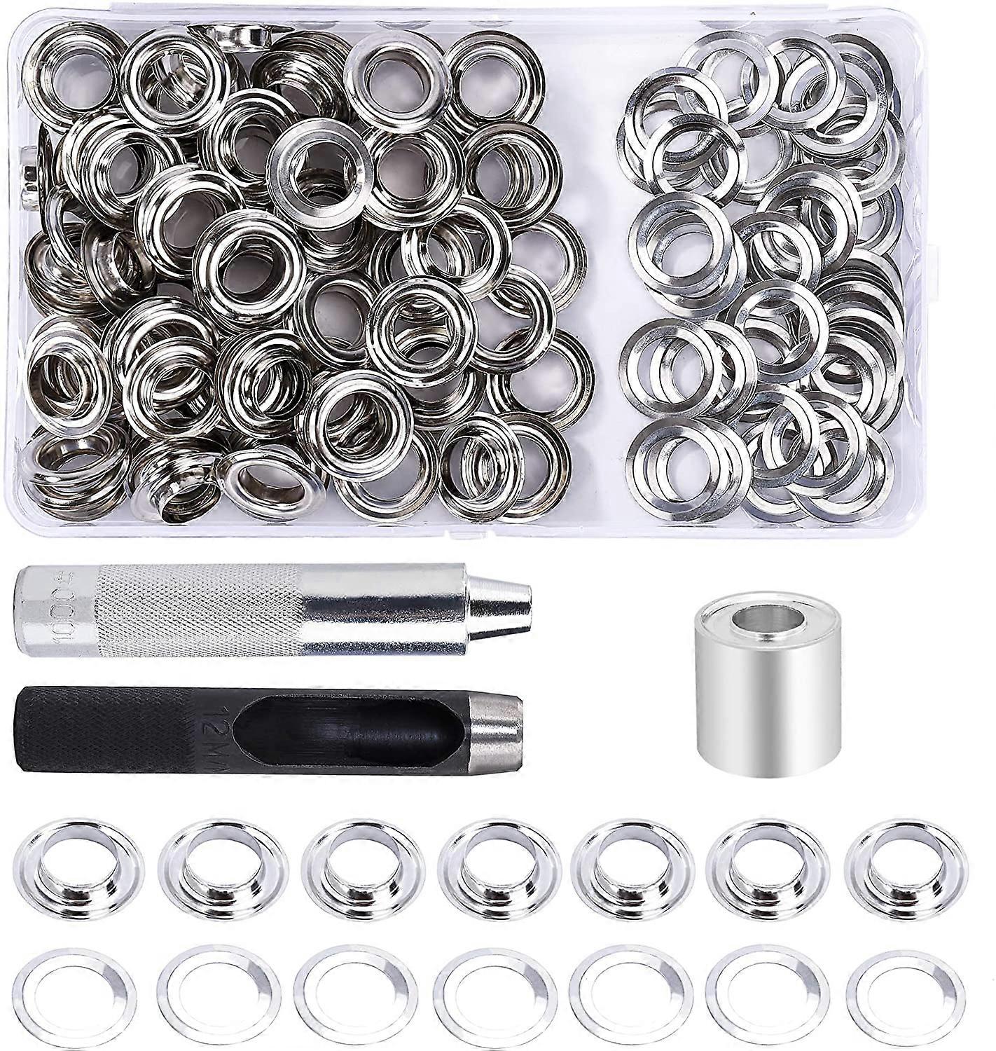 Grommet Kit Eyelets Tools 12mm 100 Sets Eyelets with 3pcs Grommet Eyelet Tools and Storage Box for DIY Fabric Tarp Craft