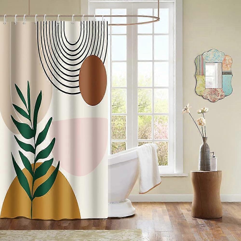 Cream Boho Abstract Shower Curtain Arch Rainbow Lines Sun Moon Home Bathtubs Bathroom Curtain Minimalistic Green Leaves Waterproof Polyester Fabric Sh
