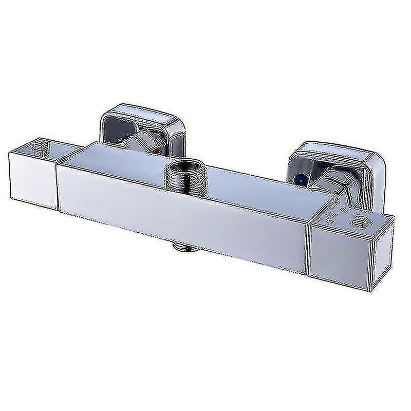 Square Thermostatic Shower Stick Mixing Valve Faucet Chrome Bathroom Double Outlet