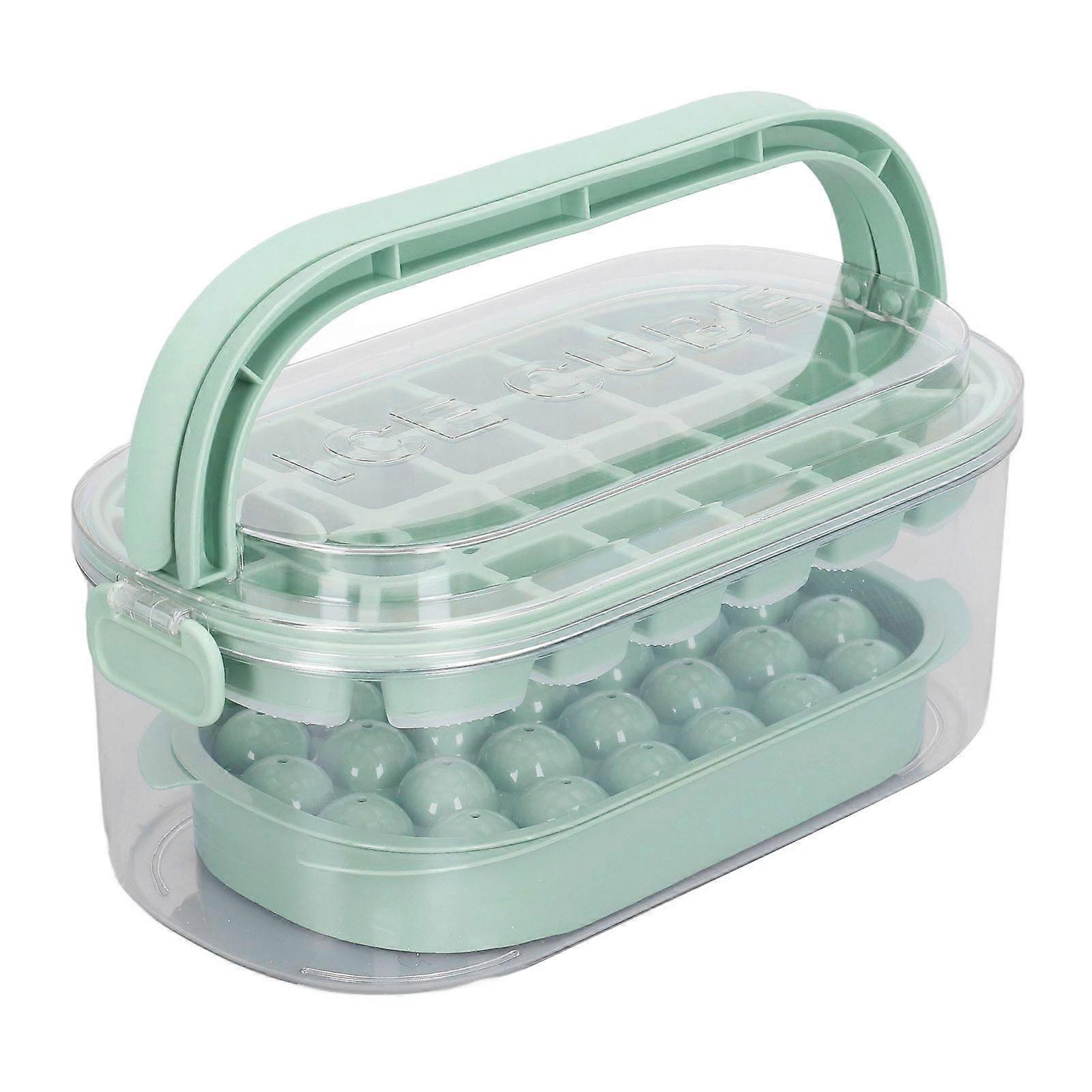 Ice Cube Trays Set of 2 - Round Square Ice Cube Molds with Lid and Bin 54 Ice Cubes Includes Shovel [Soft Base] Fresh Green