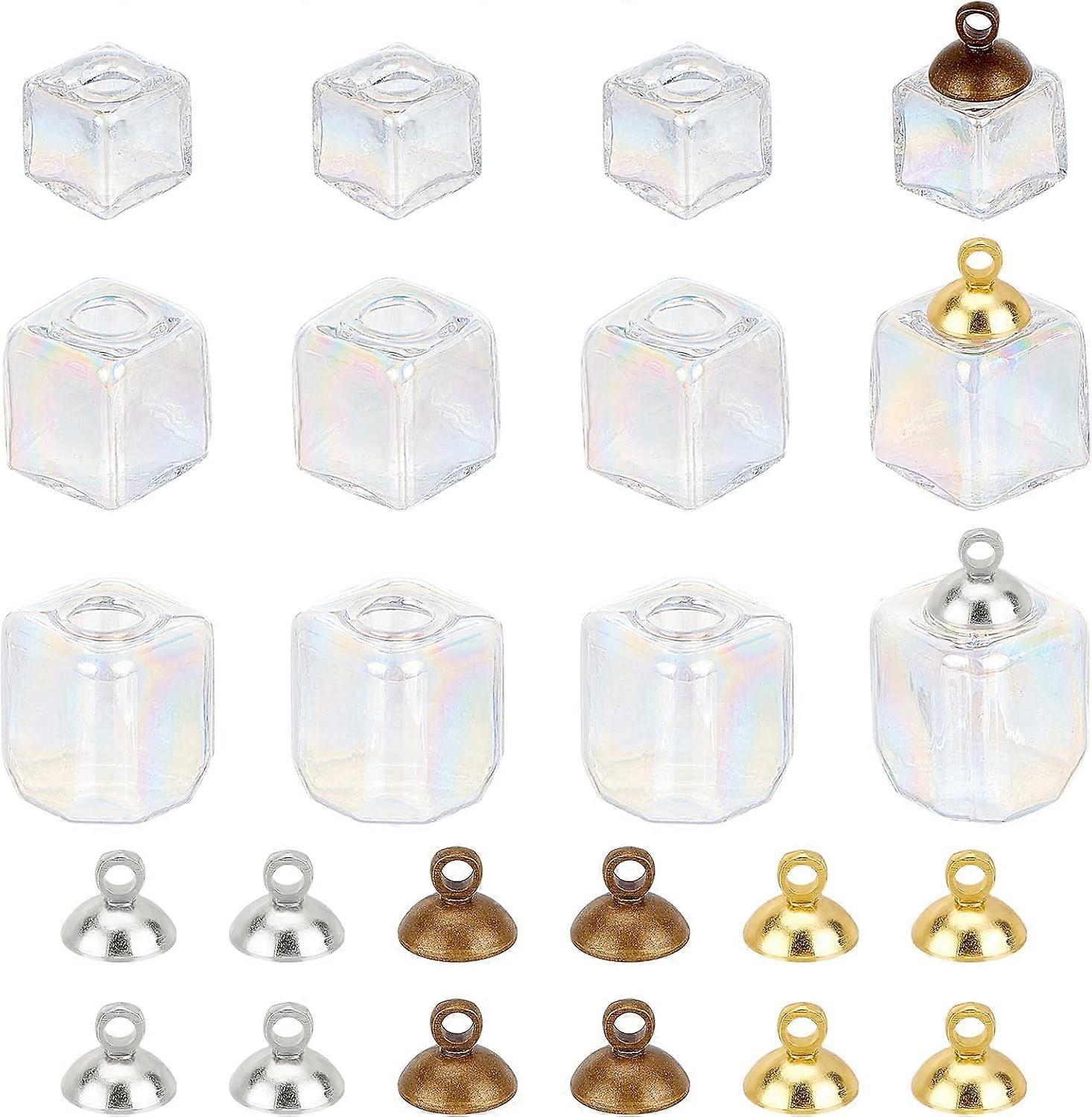 12 Set Cube Glass Bottle Vial Charm 3 Size Mini Empty Jars Wish Bottle Charms Hollow Square Bottle Pendant with Caps for Handmade Earrings Jewellery M