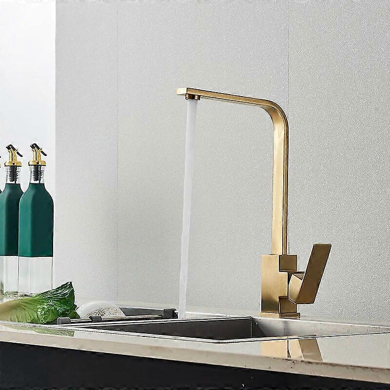 Brush Gold Square Kitchen Faucet Hot and Cold Kitchen Sink Tap 360 Degree Rotation Mixer Deck Mounted Water Crane