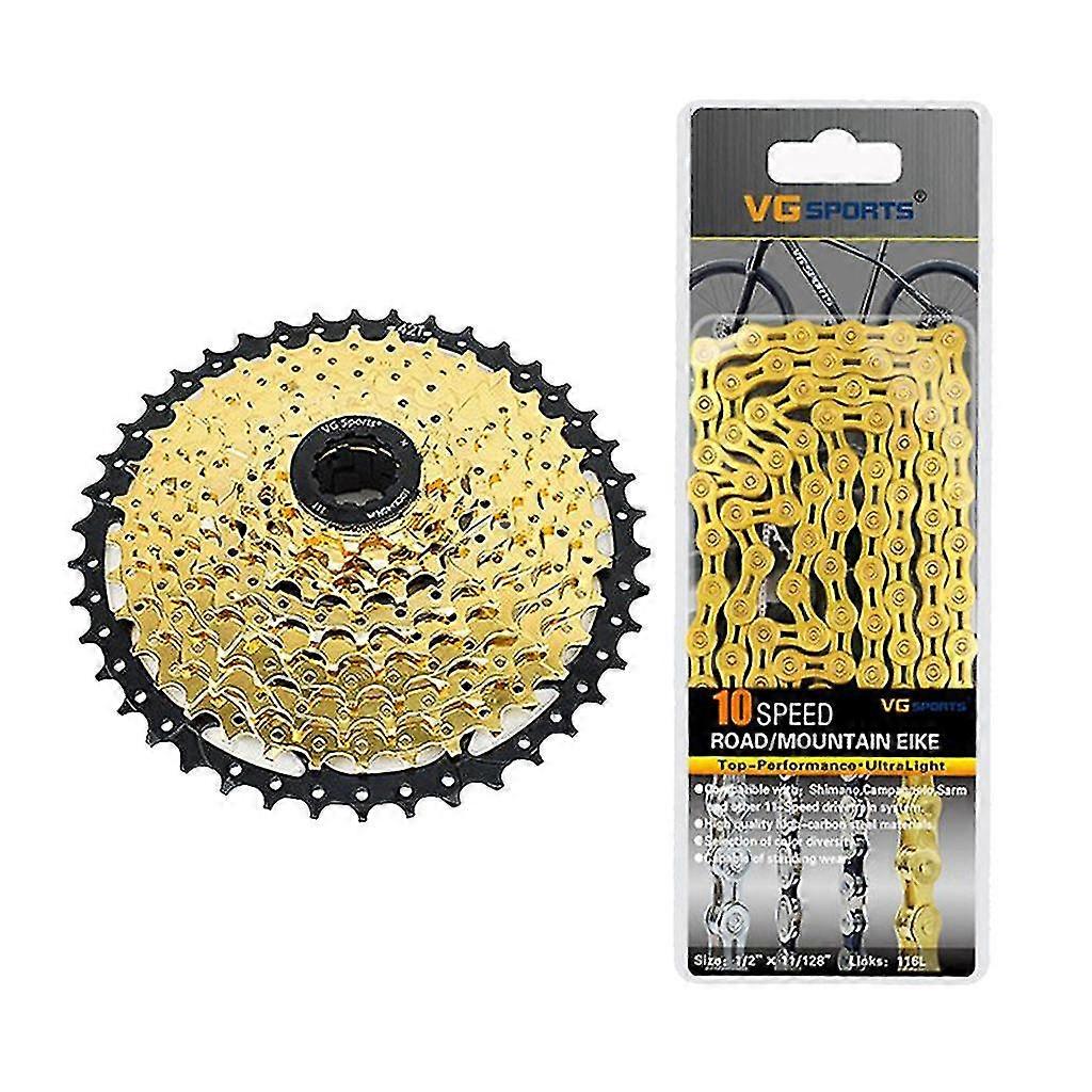 9/10 Speed 11-42t Bicycle Freewheel Cassette With Chain Gold 10 Speed