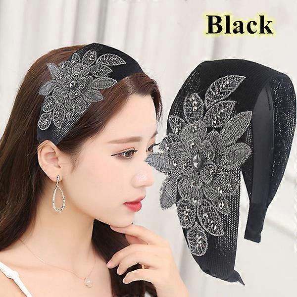Large Flower Cotton Print Wide Side Headband [Black]