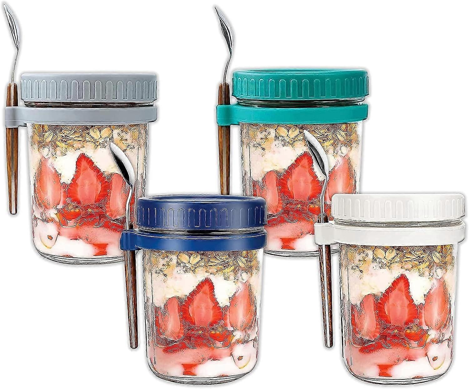Reusable Glass Overnight Oats Jar with Lid and Spoon, BPA-Free for Yoghurt Pots