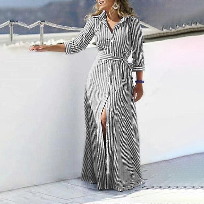 ZANZEA Womens Stripe Print Spring Summer 3/4 Sleeve Turn-down Collar Long Shirt Dresses