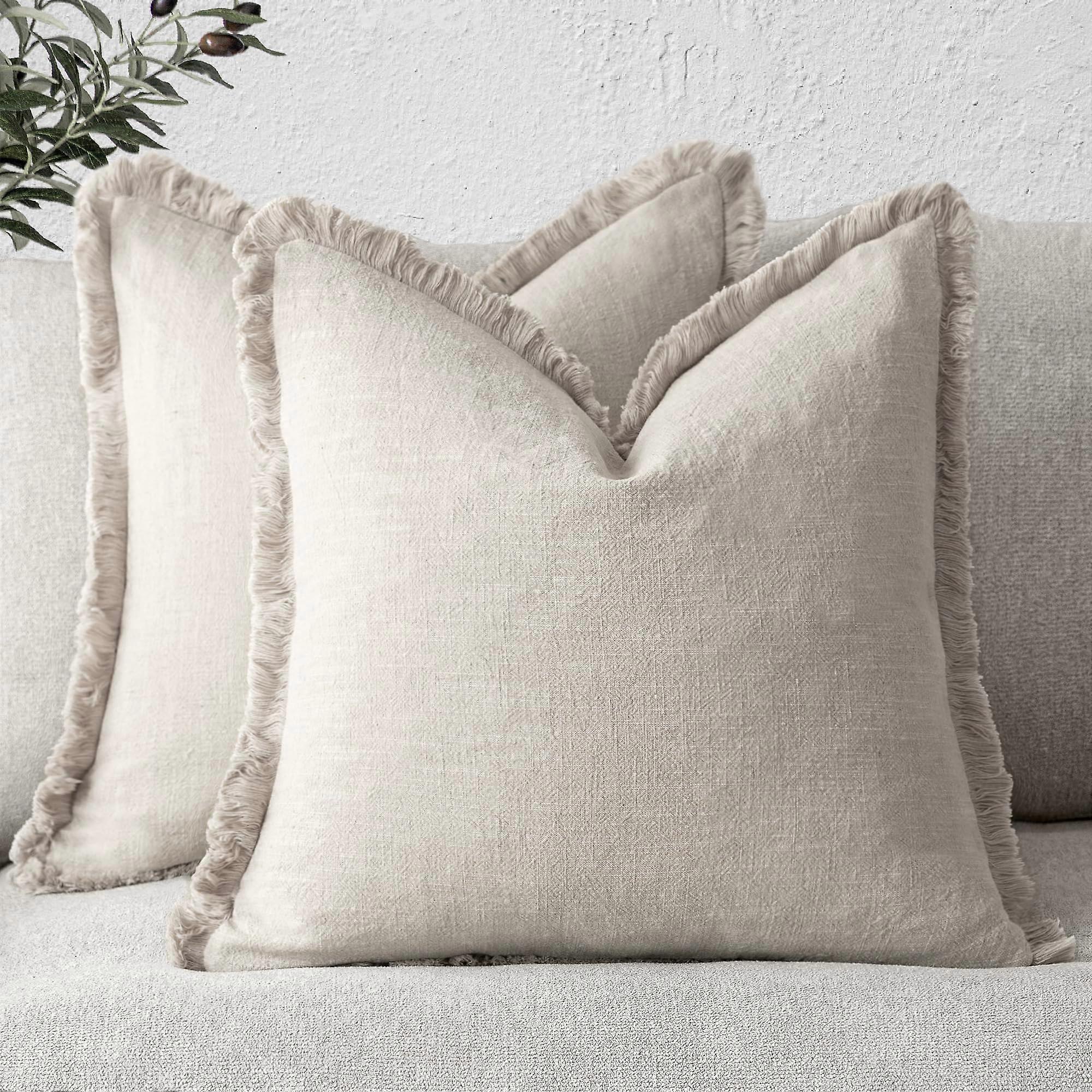 Set of 2 Linen Fringe Pillow Covers 20x50cm, Boho Decorative Cushion with Tassels for Couch Sofa Home Decor Beige