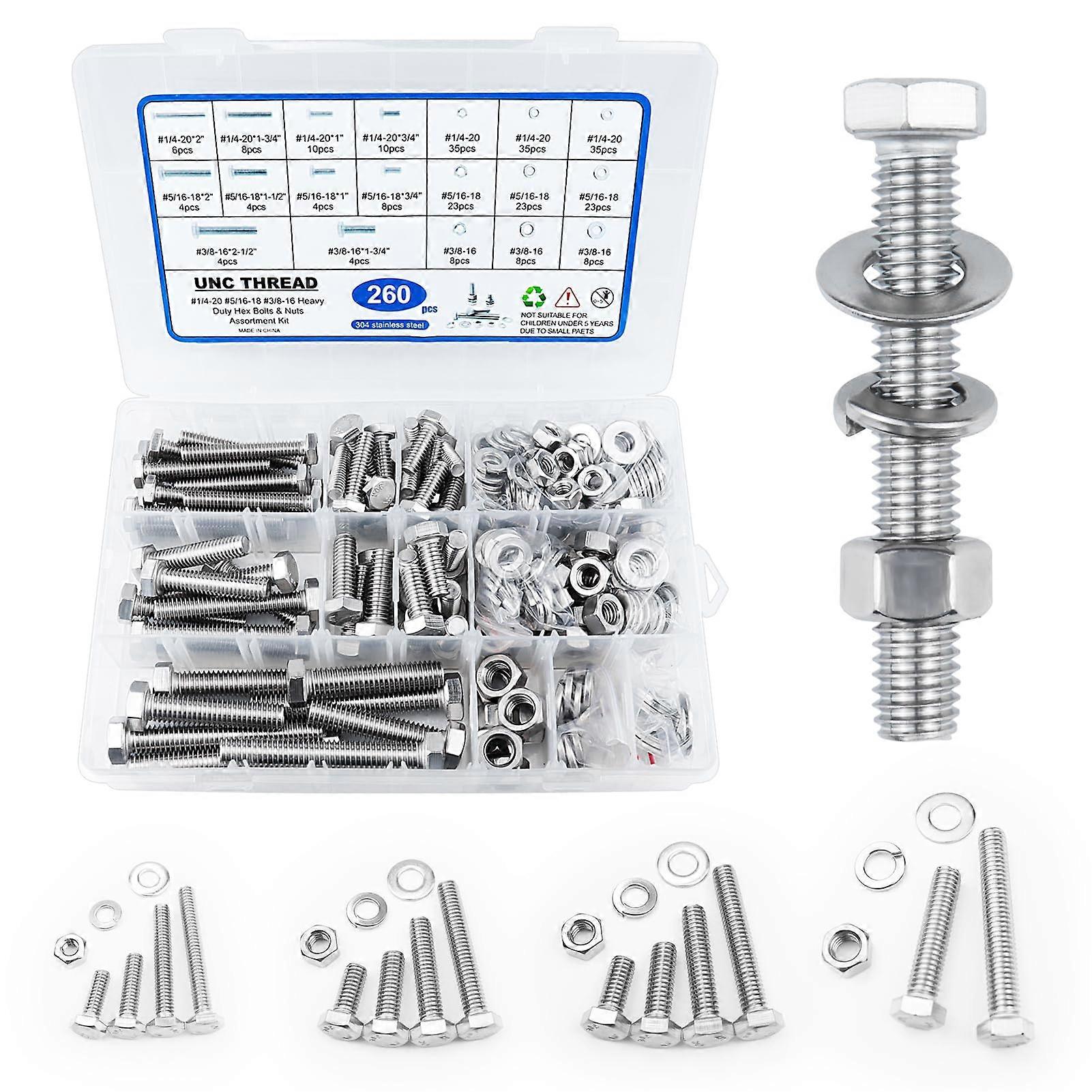 Hex Head Nuts And Bolts Kit 260Pcs Stainless 1/4-20 5/16-18 3/8-16 With Case Flat And Spring Lock Washers Included