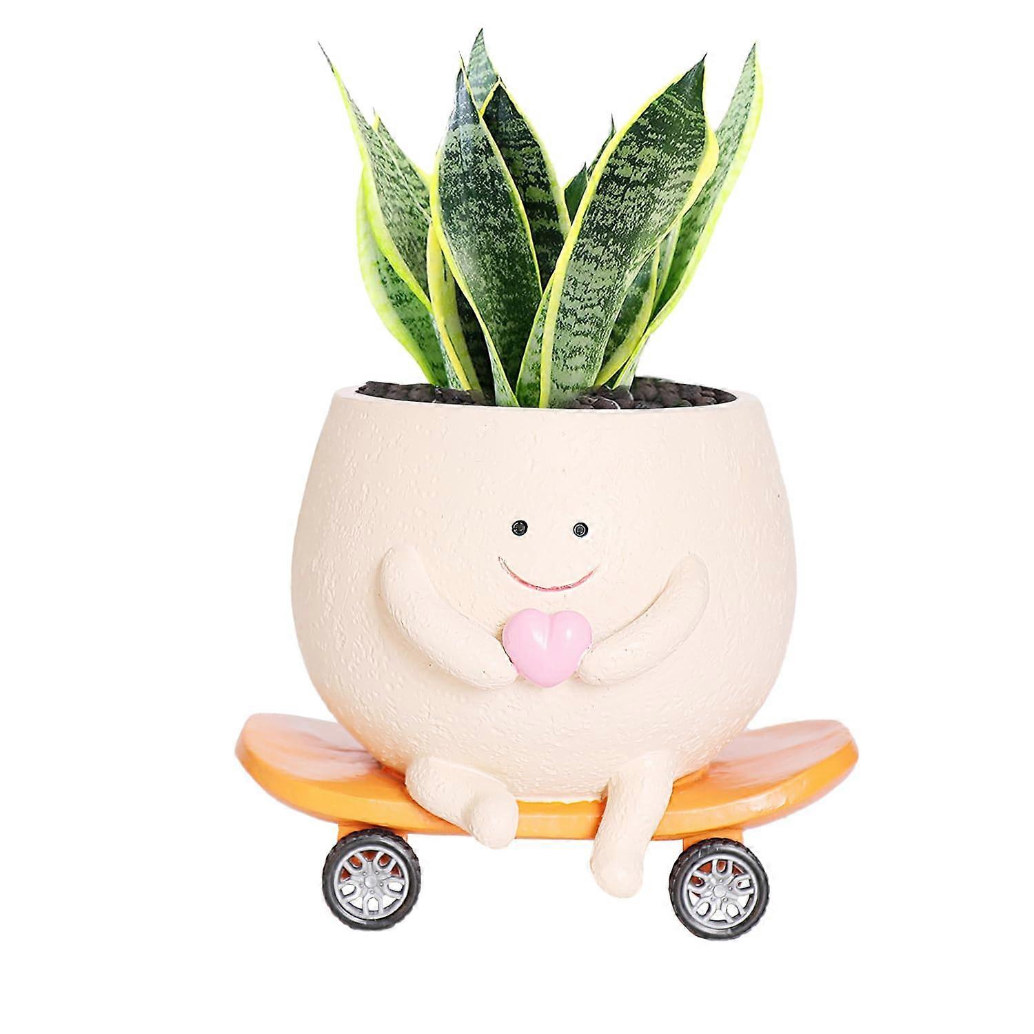 Rolling Skate-Shaped Mini Succulent Flower Pot With Wheels, Smiling Face Design, Removable Drain Plug, Desk Decor For Plant Lovers