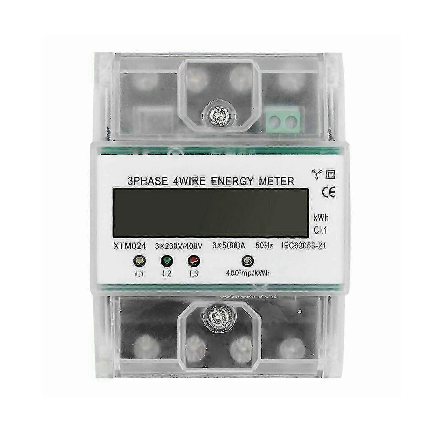 Calibrated Three-Phase Electricity Meter with LCD Display and Three-Wire Current Measurement on Top-Hat Rail