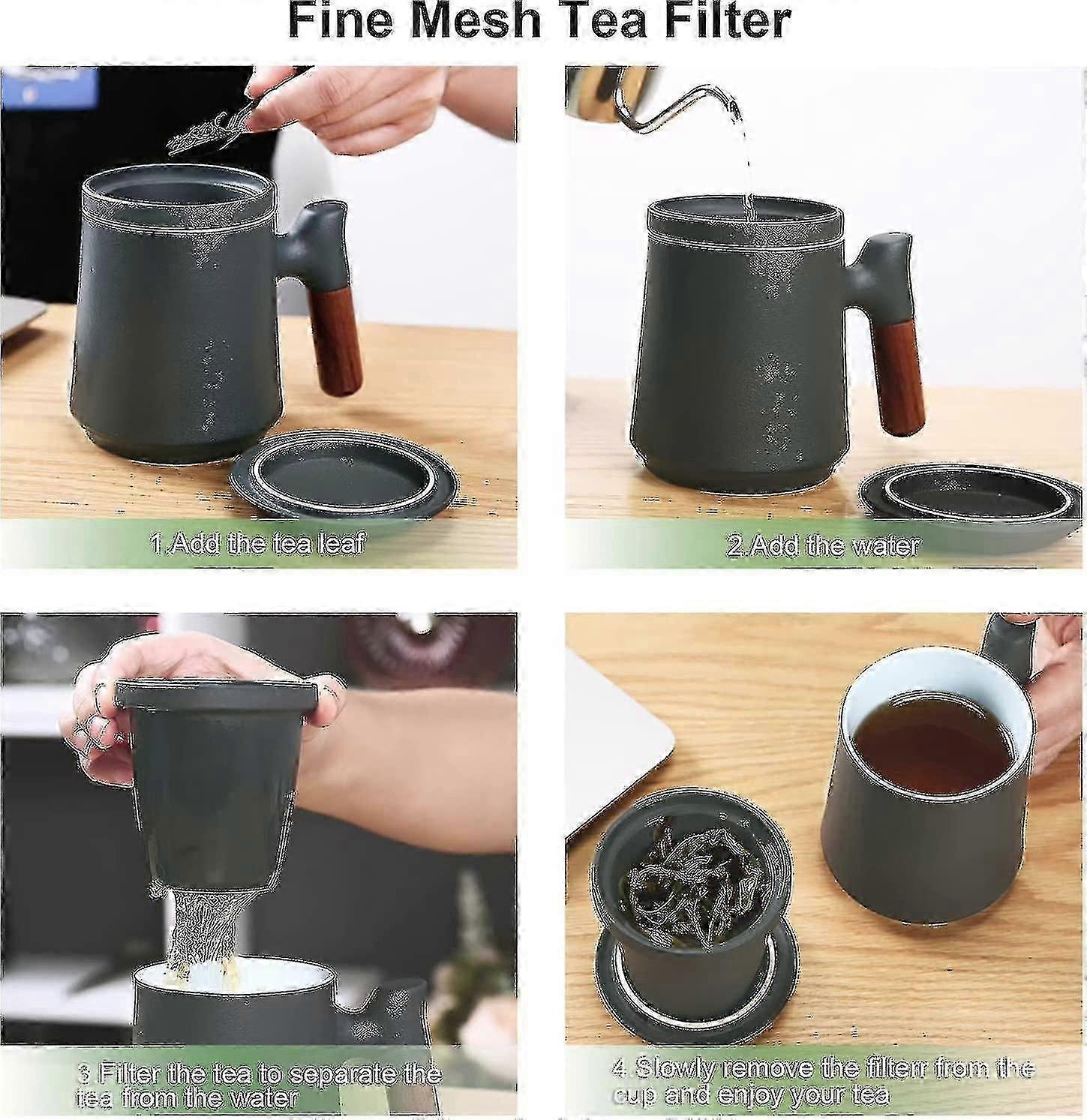 Ceramic Tea Cup With Lid, Tea Mug With Wooden Handle, Tea Cup With Filter For Home And Office, 400ml (black) (colorful)-sfygv