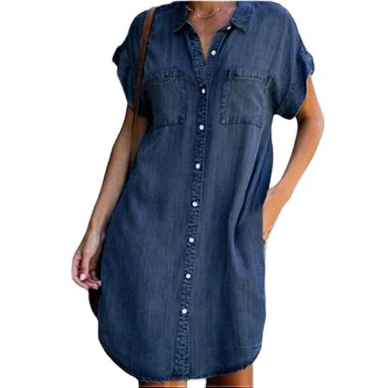 Damen Denim Hemd Kurzarm Kleider Lässig Lockerer V-Ausschnitt Midi Jeans Kleid Tunika Distressed Button D