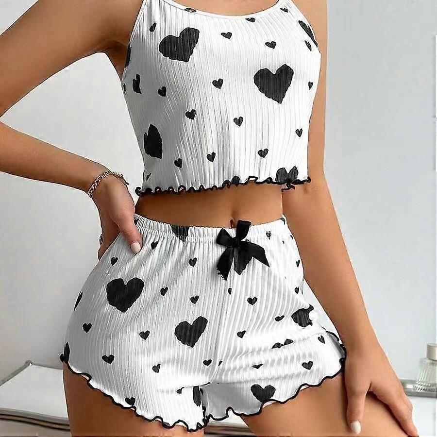 2Pcs/Set Women Pajamas Set Homewear Halter Camisole Love Heart Printed Suspender and Shorts