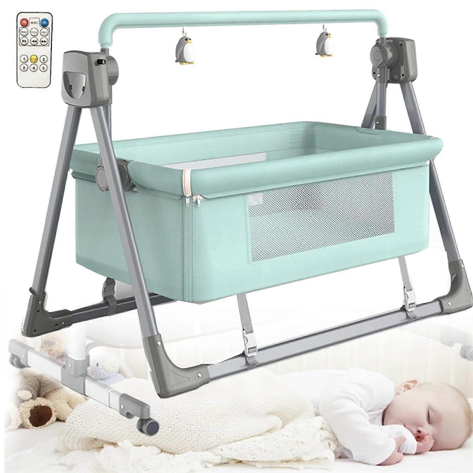 Electric Baby Bed, Height Adjustable Travel Cot with Removable Net, Carry Bag, Foldable Cradle Bed for borns 036 Months, Green