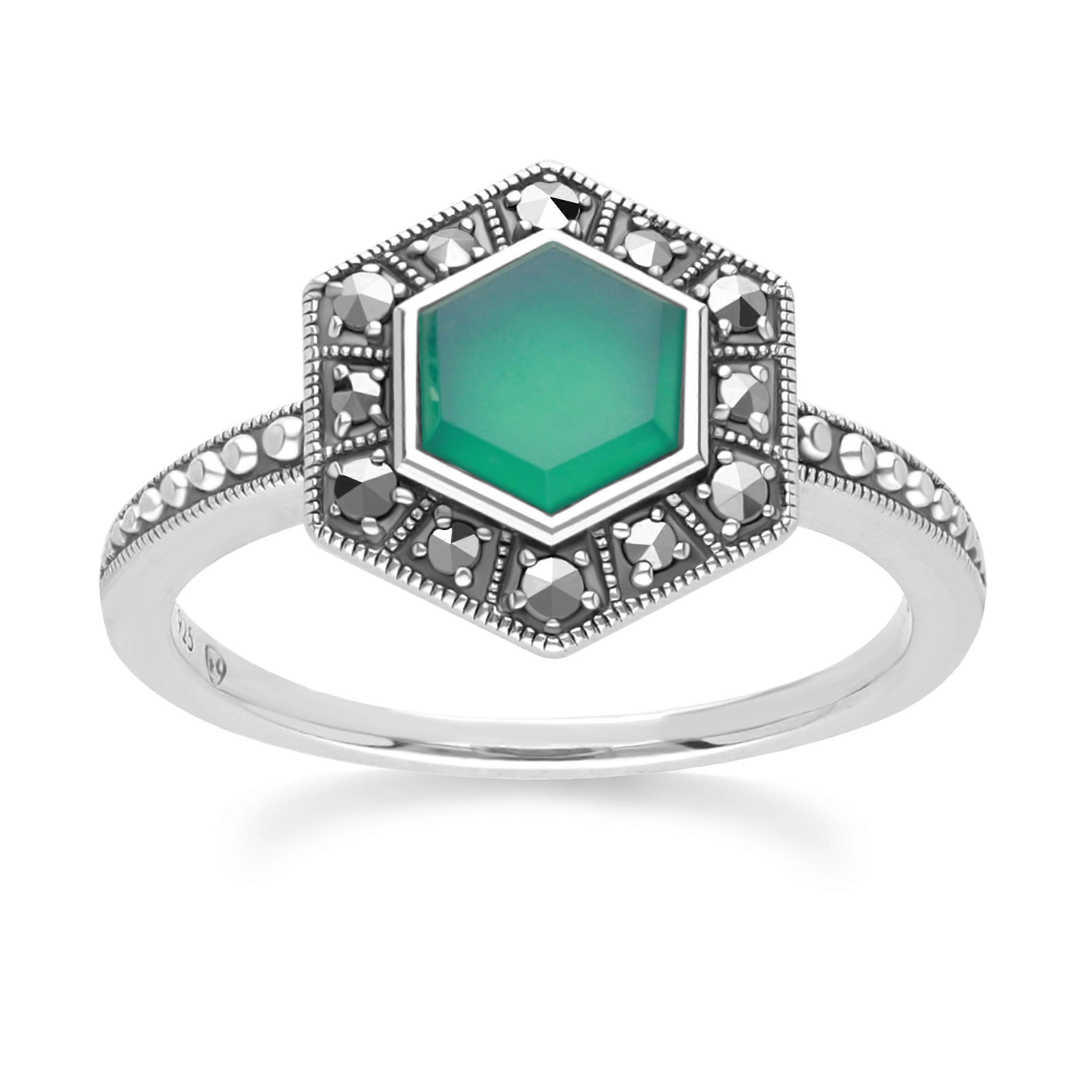 Art Deco Style Hexagon Chalcedony and Marcasite Ring in Sterling Silver