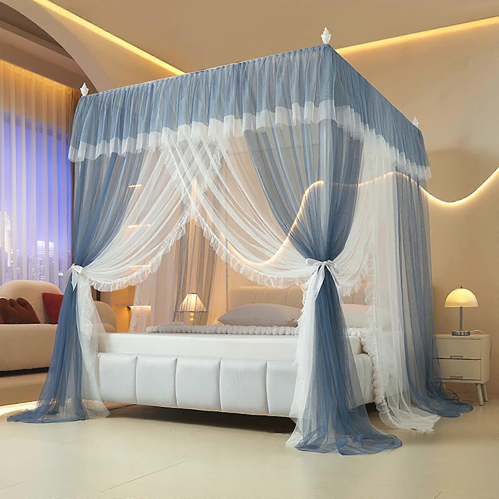 Princess Mosquito Net Bed Canopy, Double Layer Mesh Fabric Bedroom Decoration, Lake Blue, 200 x 220 x 210 cm