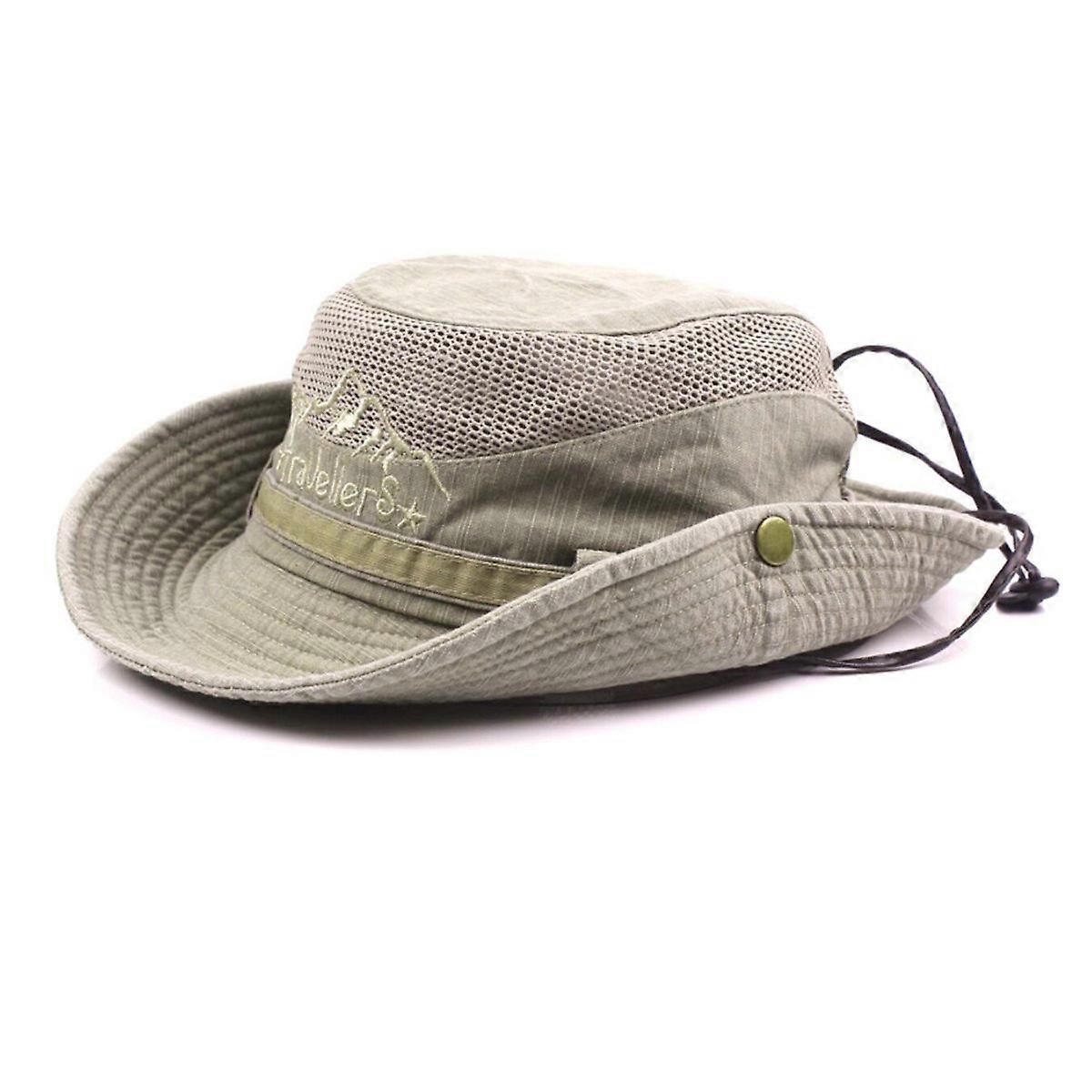Sun Hat for Men Cotton Embroidery, Wide Brim Bucket Hat, Foldable Safari Boonie Hat, Khaki, Size 7 1/47 5/8