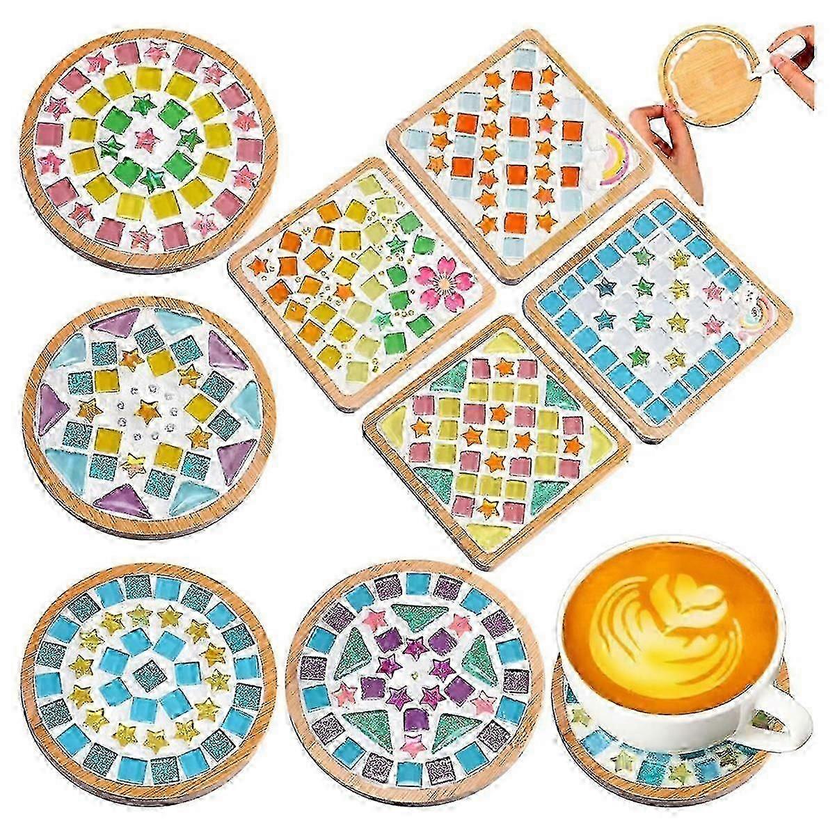 8 Sets DIY Glass Mosaic Tile Crafts, Mixed Color Mosaic Kits with Wooden Coasters for Adult DIY Coaster