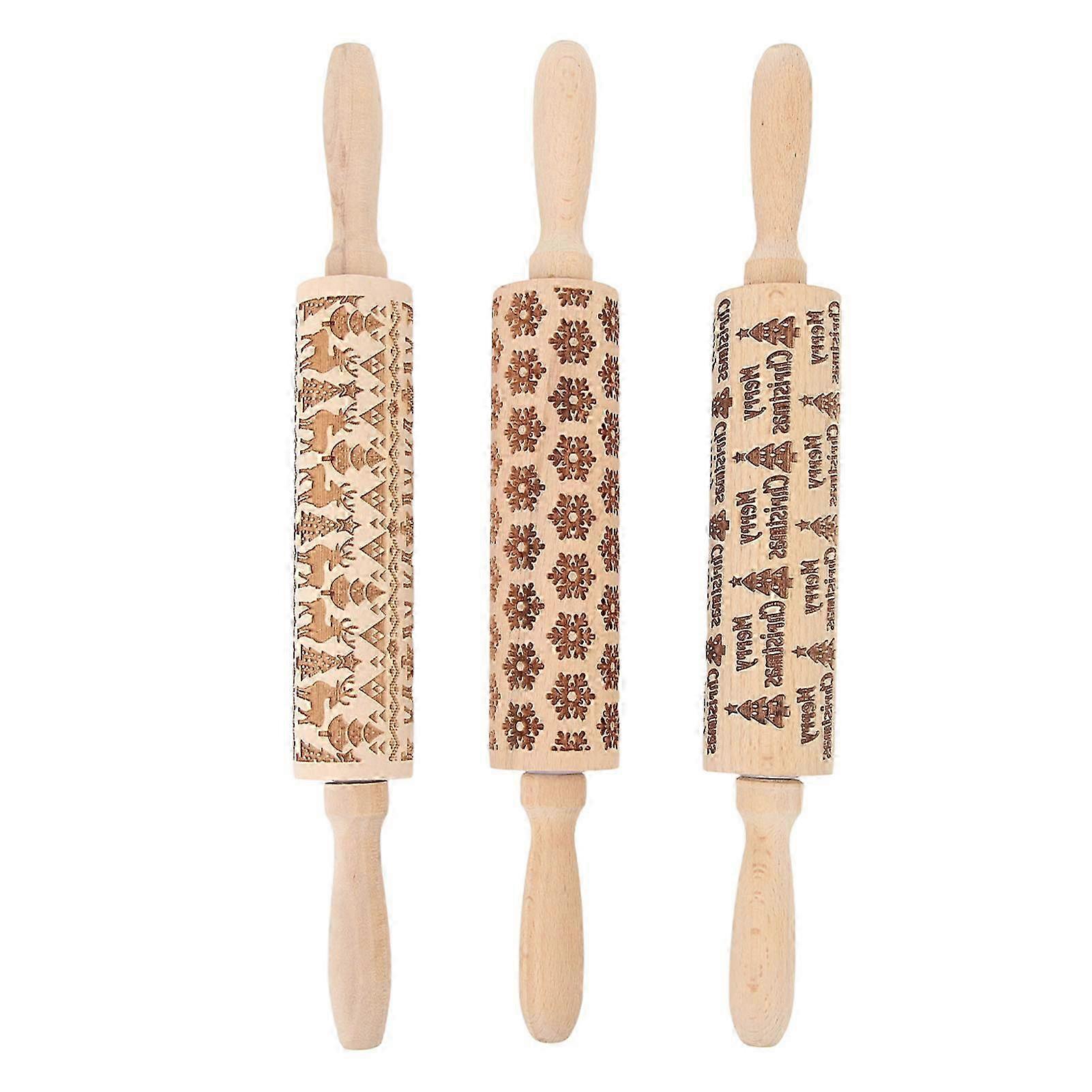 Set of 3 Wooden Engraved Rolling Pins with Cute Christmas Patterns for Baking Cookies