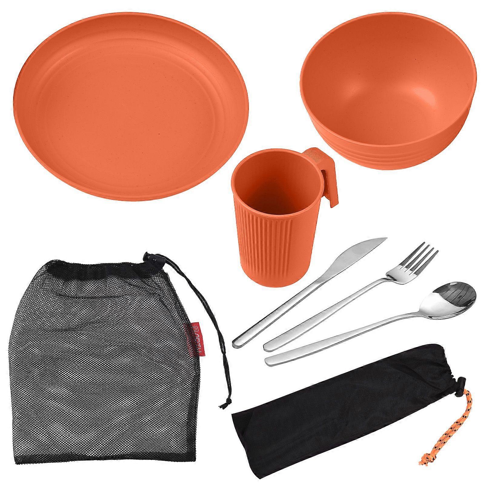 Camping Utensils Set for 1 Portable Wheat Straw Mess Kit with Bowl Plate Cup Fork Knife Spoon Outdoor Tableware & PicnicwareYMHC