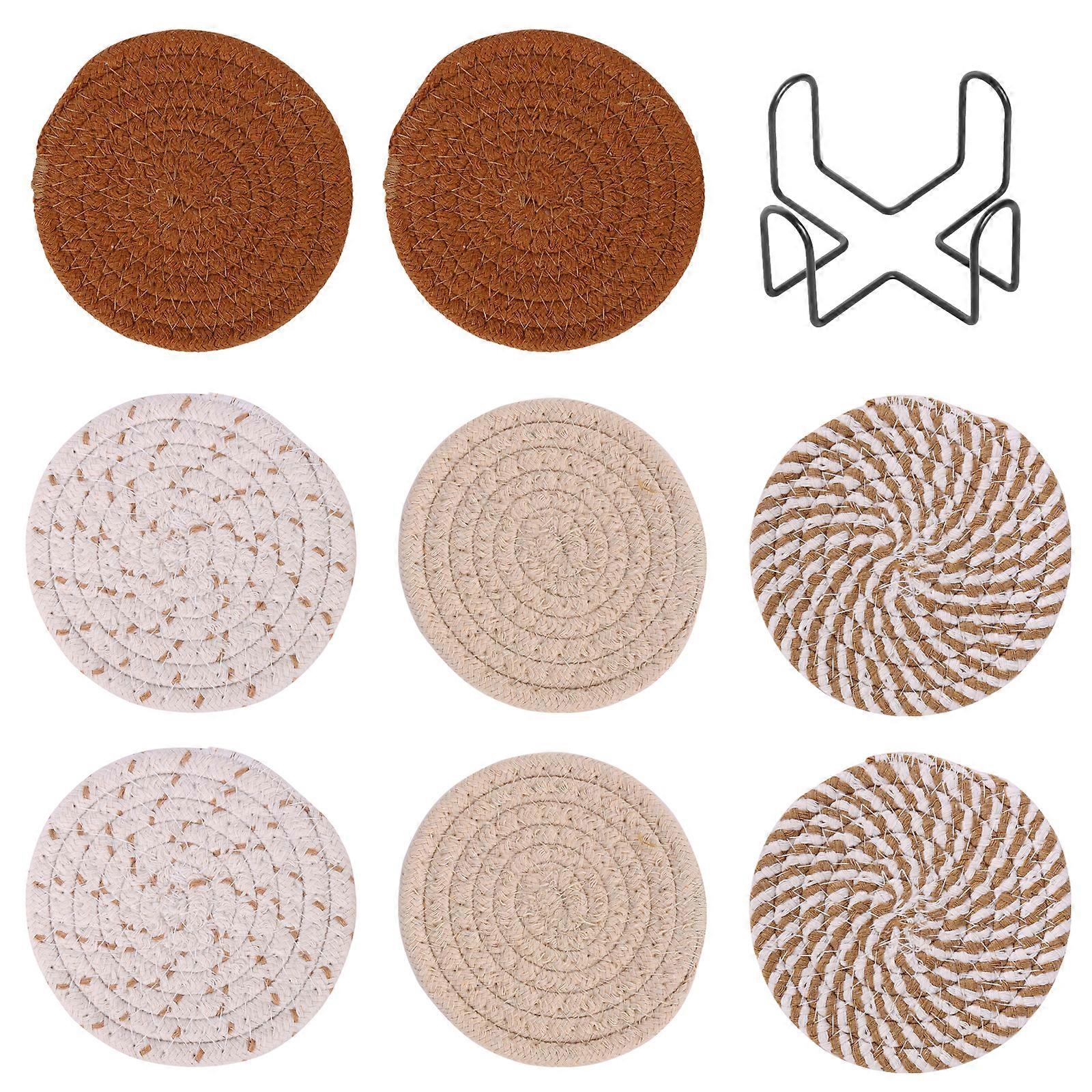 8pcs Braided Cotton Round Coasters with Storage Rack Brown Series