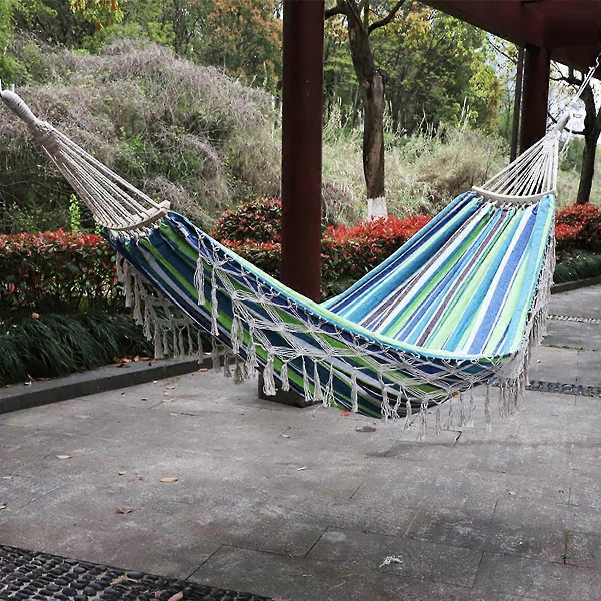 Cotton Canvas Hammock Double Boho Macrame Fringes Portable Outdoor Hammock Carry Bag 150 Kg Load Capacity Green Stripes