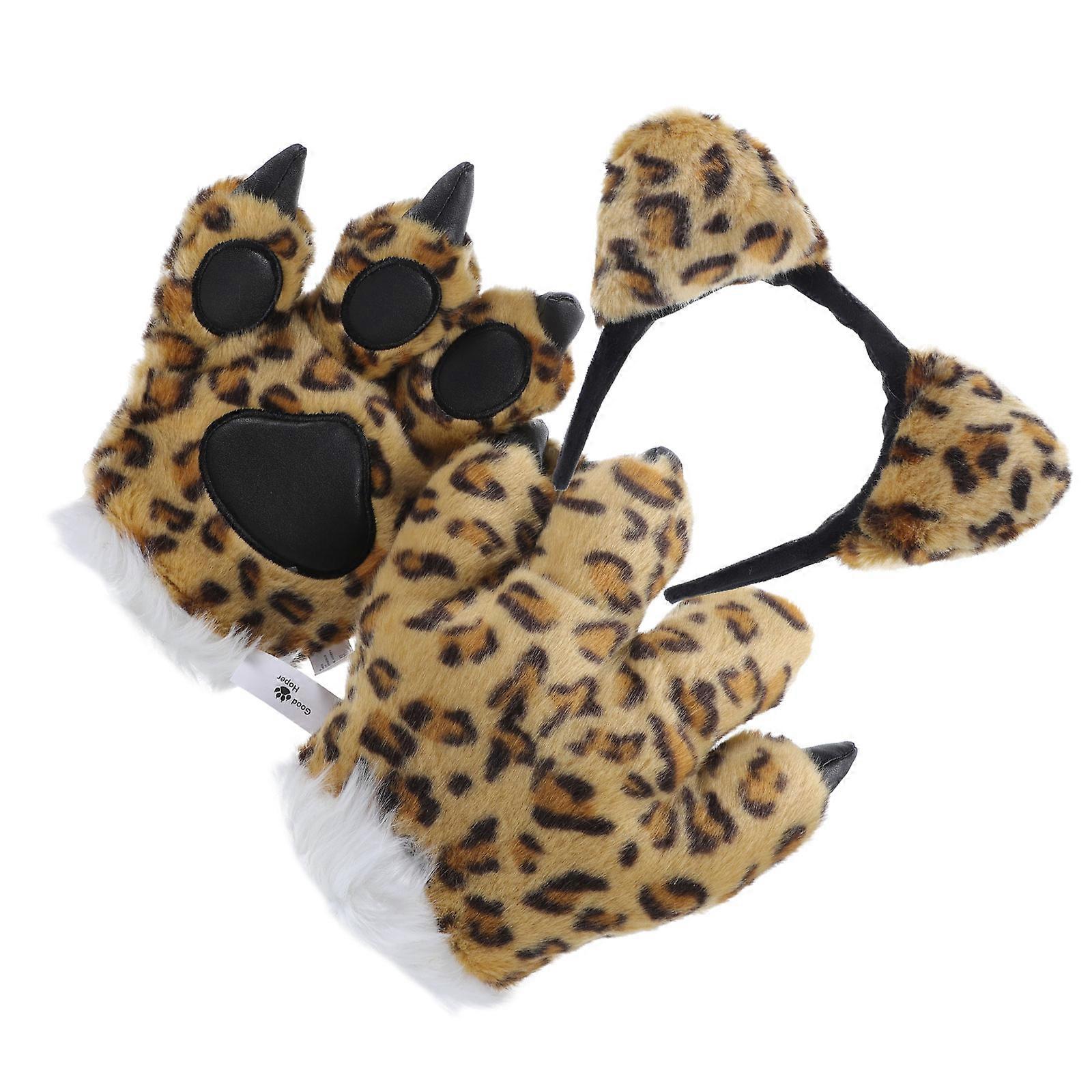 Plush Animal Paw Gloves with Leopard Headband Ideal for Stage Performances Parties 1 Set