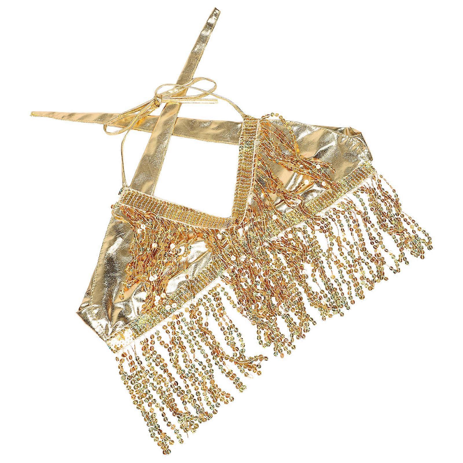 Golden Shiny Sequin Tassel Crop Top with Fringe for Dance Performance and Festival 7.5 Inch Tassel