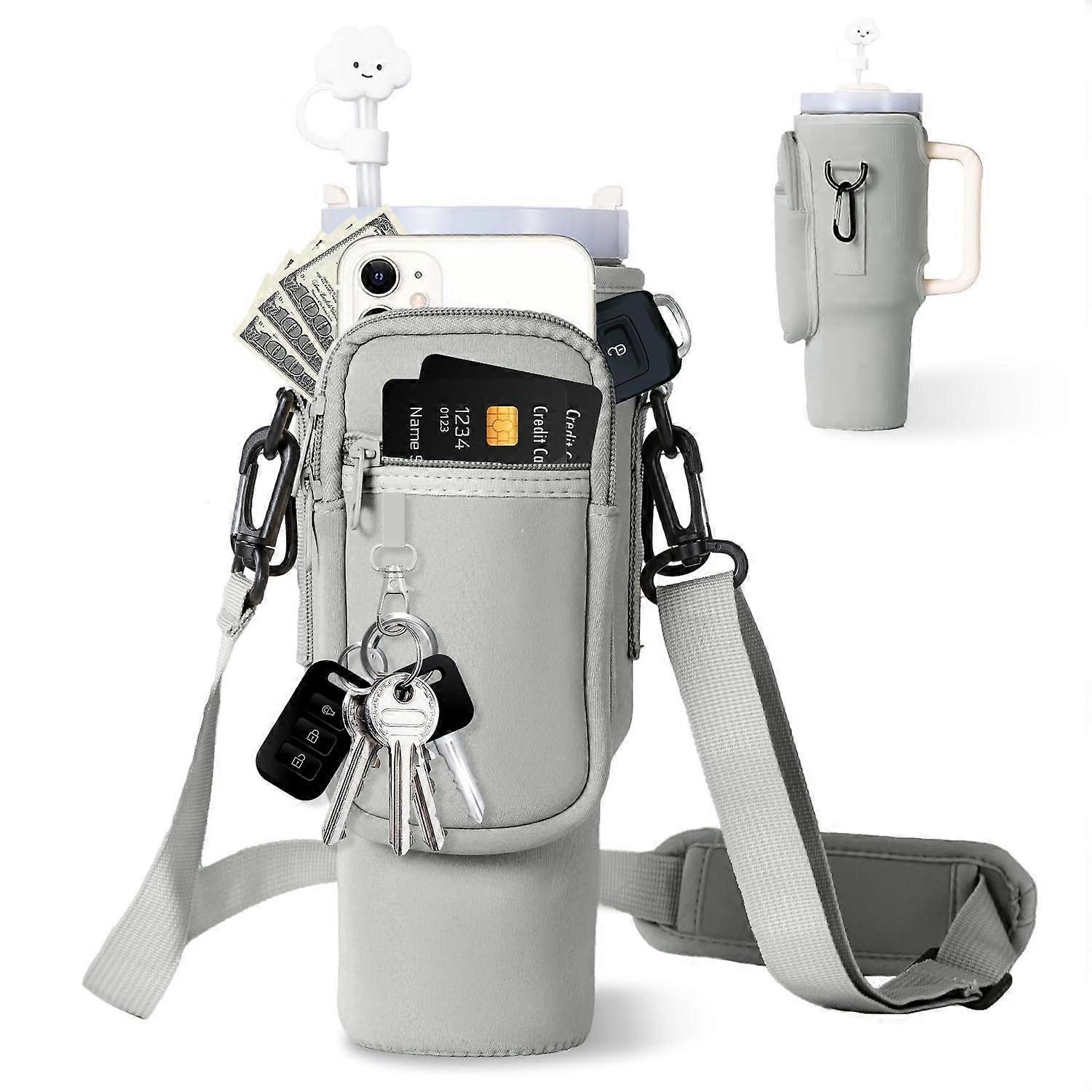 Carry Bag For Stanley Cup 40 Oz Grey Water Bottle Holder With Phone Case Adjustable Shoulder Strap Carry Handle