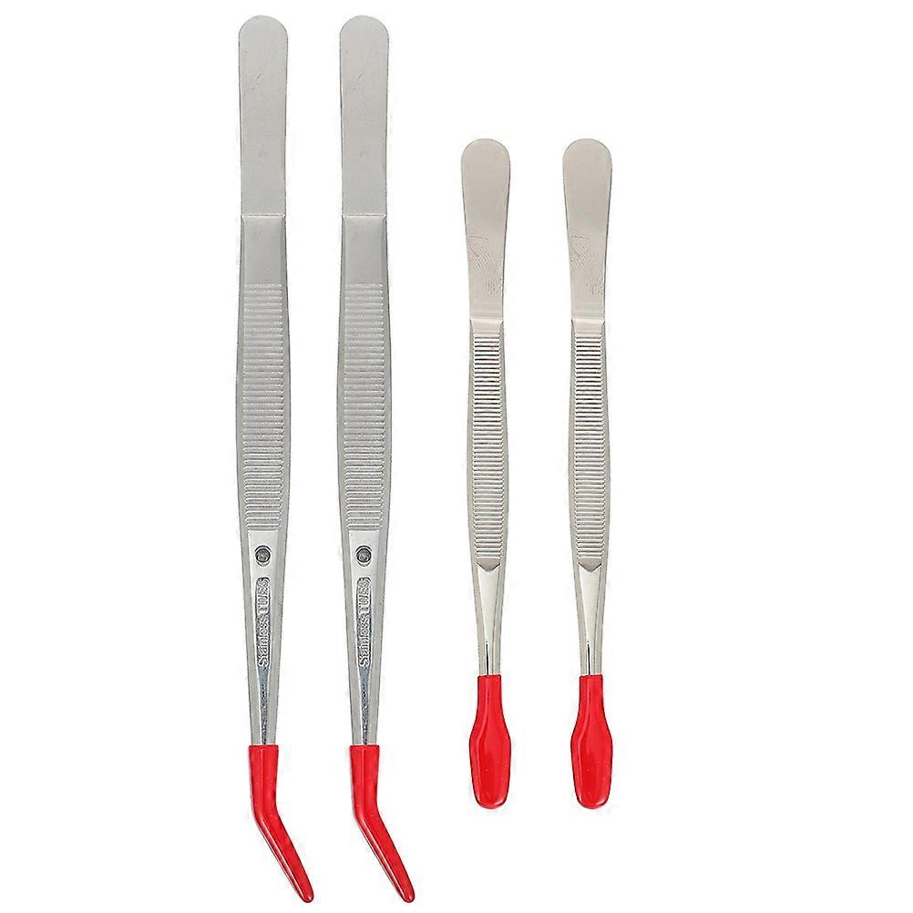 Stainless Steel Tweezers Set of 4 for Home Use with Elbow Design and Red Color