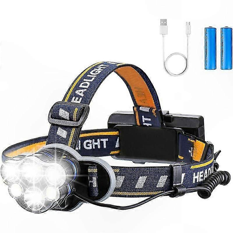 LED Headlamp with 6 Lights, Rechargeable Torch, 8 Modes, USB Charging, Bright Illumination for Outdoor Use