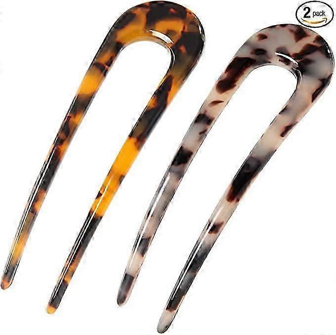 2-piece set of leopard print French cellulose acetate turtle shell U-shaped hair needle fork stick 2-pronged women's needle