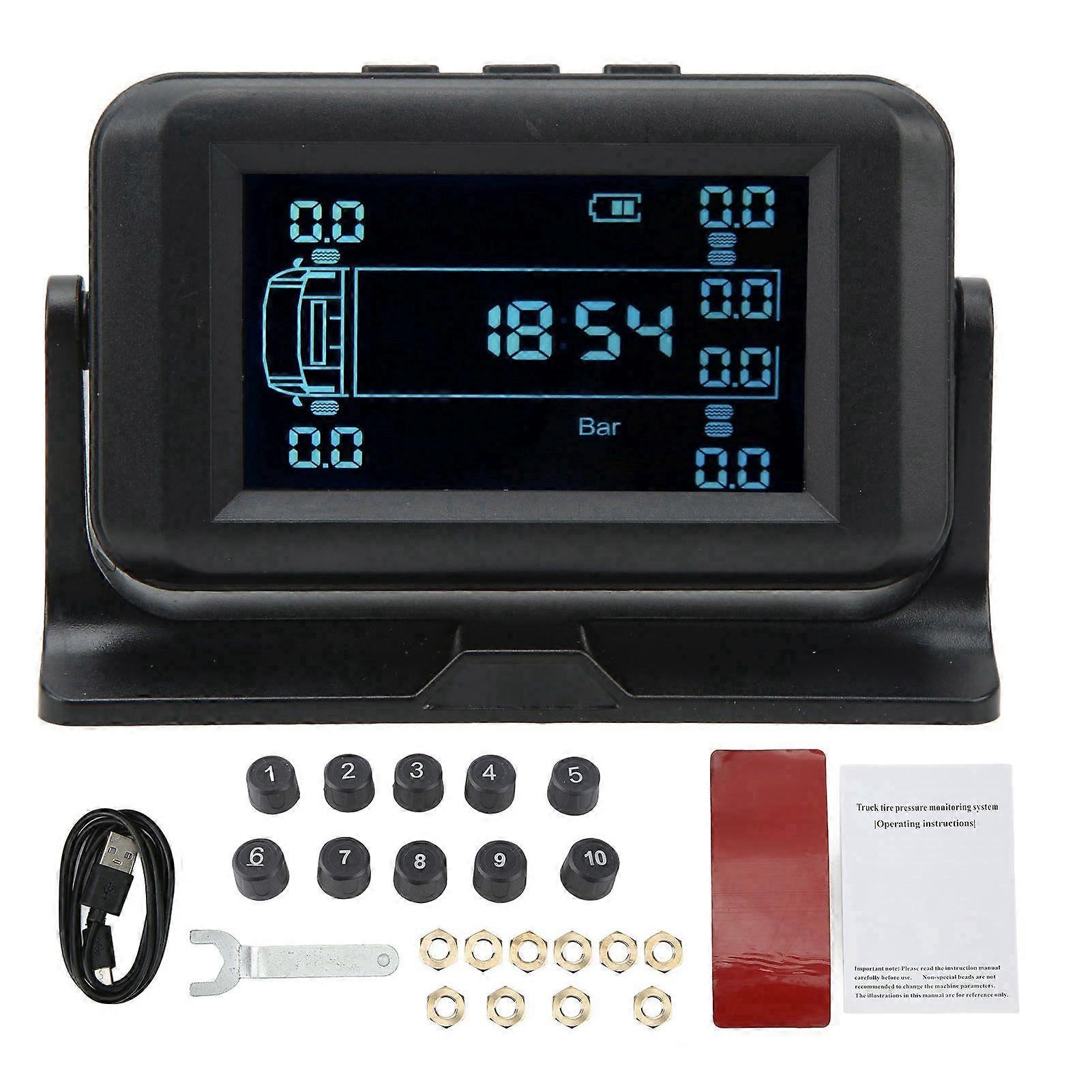 Wireless Tire Pressure Monitoring System with 10 Sensors 15bar Solar Charging 4 Alarm Tire Pressure Monitor System for Motorhome Truck Trailer